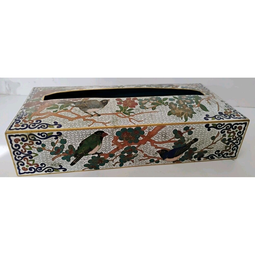 Vintage Chinese Cloisonné Enamel Tissue Box Cover Birds Peony Blossom Brass 10"